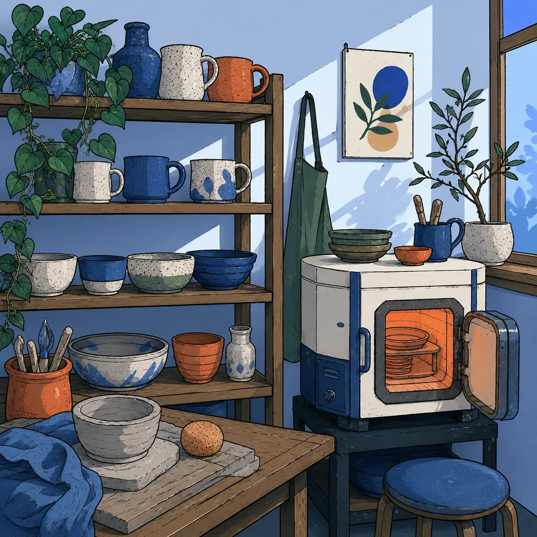 A home ceramics studio with handmade mugs and a softly glowing kiln