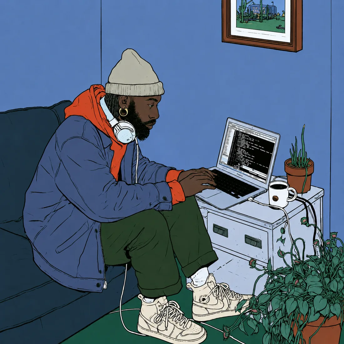 A maker on a couch, relaxed, after finishing a website on their laptop