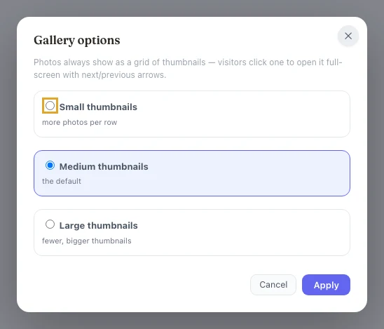 The Gallery options dialog: small, medium, or large thumbnails