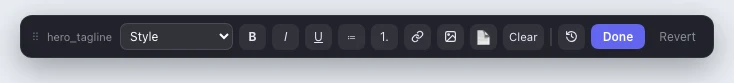 The text toolbar: style menu, bold, italic, underline, lists, link, image, document, clear, section history, Done, Revert